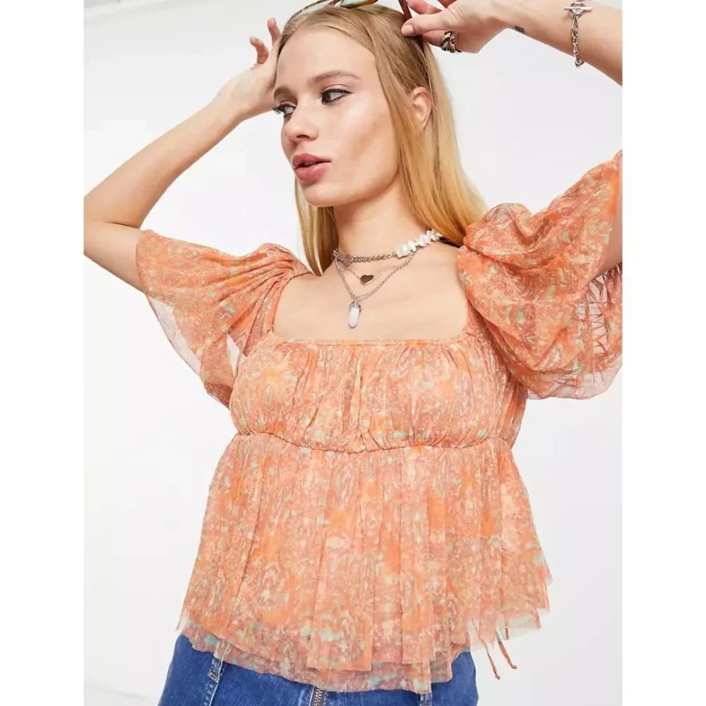NWT Free People Penelope Printed Chiffon‎ Puff Sleeve Babydoll Crop Top Blouse S